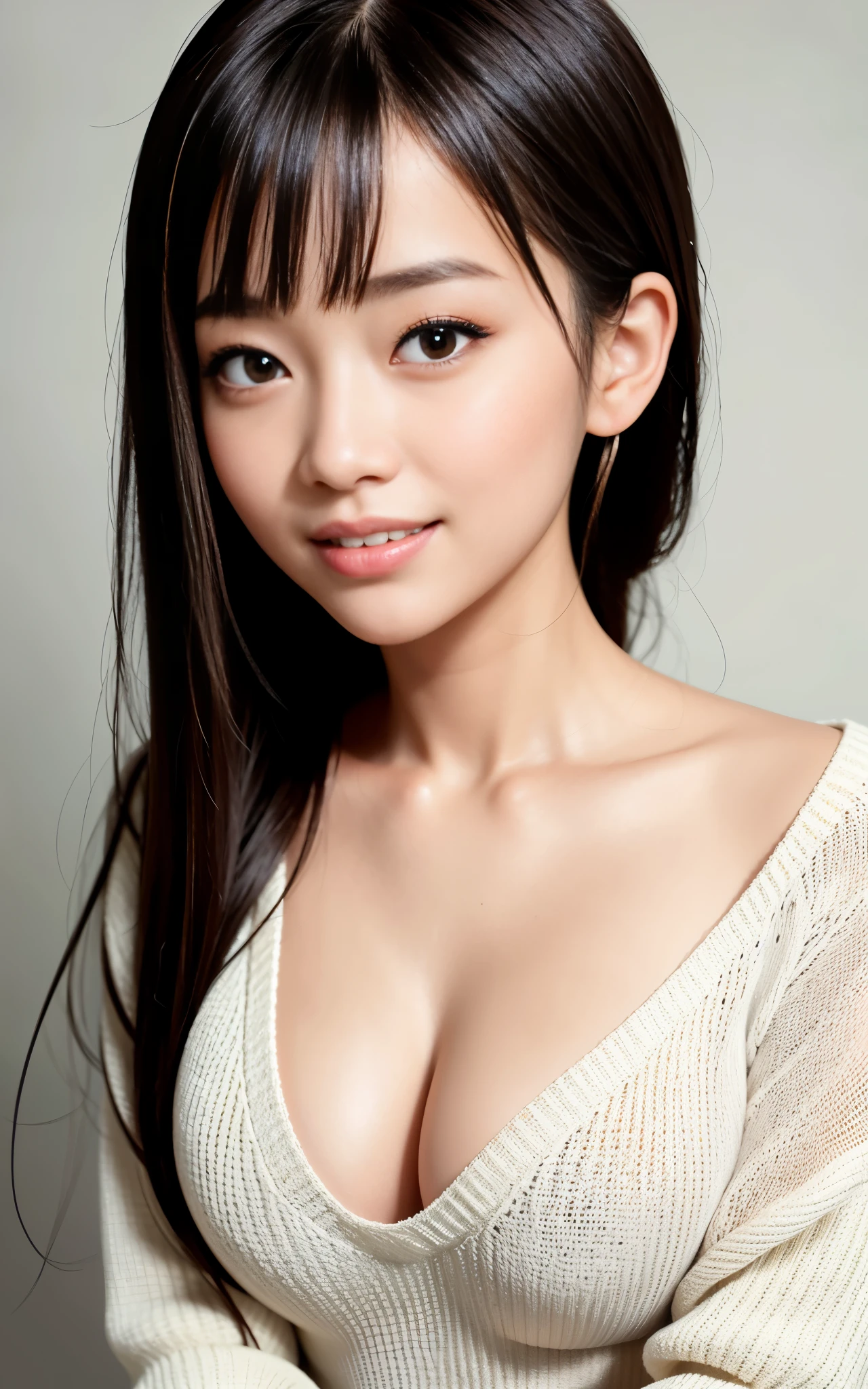 highest quality, figure, super detailed, finely, High resolution, 8k wallpaper, 完璧なダイナミックな構figure, beautiful skin, (Big eyes that shine like jewels), 20 year old beautiful girl, natural color lip, (sexy pose), Chest middle, smile, Highly detailed face and skin texture, Detailed eyes, Double eyelid,leaking teeth and laughing, close-up, long black hair, (white sweater:1.2), night view
