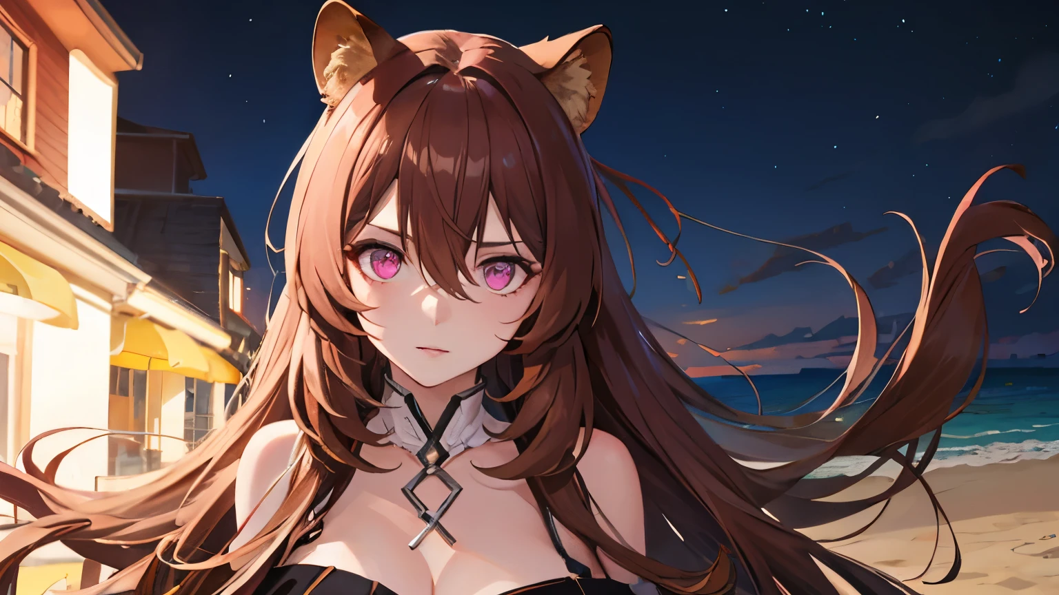 High quality, hyperrealism, Raphtalia, pink eyes,long hair, Raccoon ears, hair between eyes, Brown hair , bare chest , night, a night beach, Pink cheeks, evil look, 1 girl