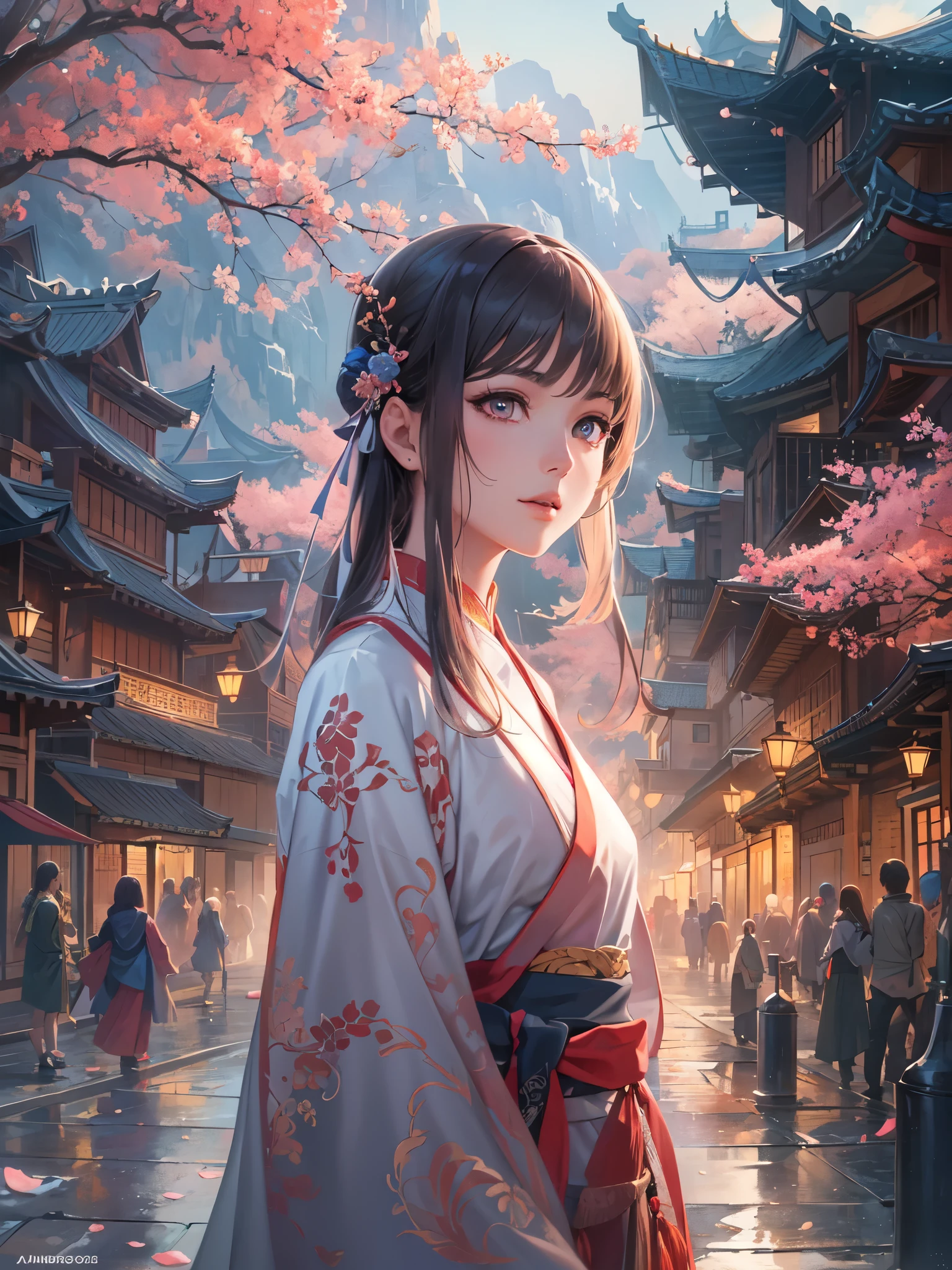 (best quality,masterpiece:1.2),(perfect face:1.5),(bright eyes:1.3),anime scene of a beautiful girl in hanfu walking on a bustling street,(palaces and grand high towers atop waterfalls),taoist,(detailed hanfu:1.3),artwork in the style of guweiz, anime fantasy illustration, 2.5d cgi anime fantasy artwork, anime fantasy artwork, anime art wallpaper 4k, anime art wallpaper 4k, anime style 4k, chinese fantasy, fantasy art style, a beautiful artwork illustration, anime fantasy illustration, beautiful fantasy art