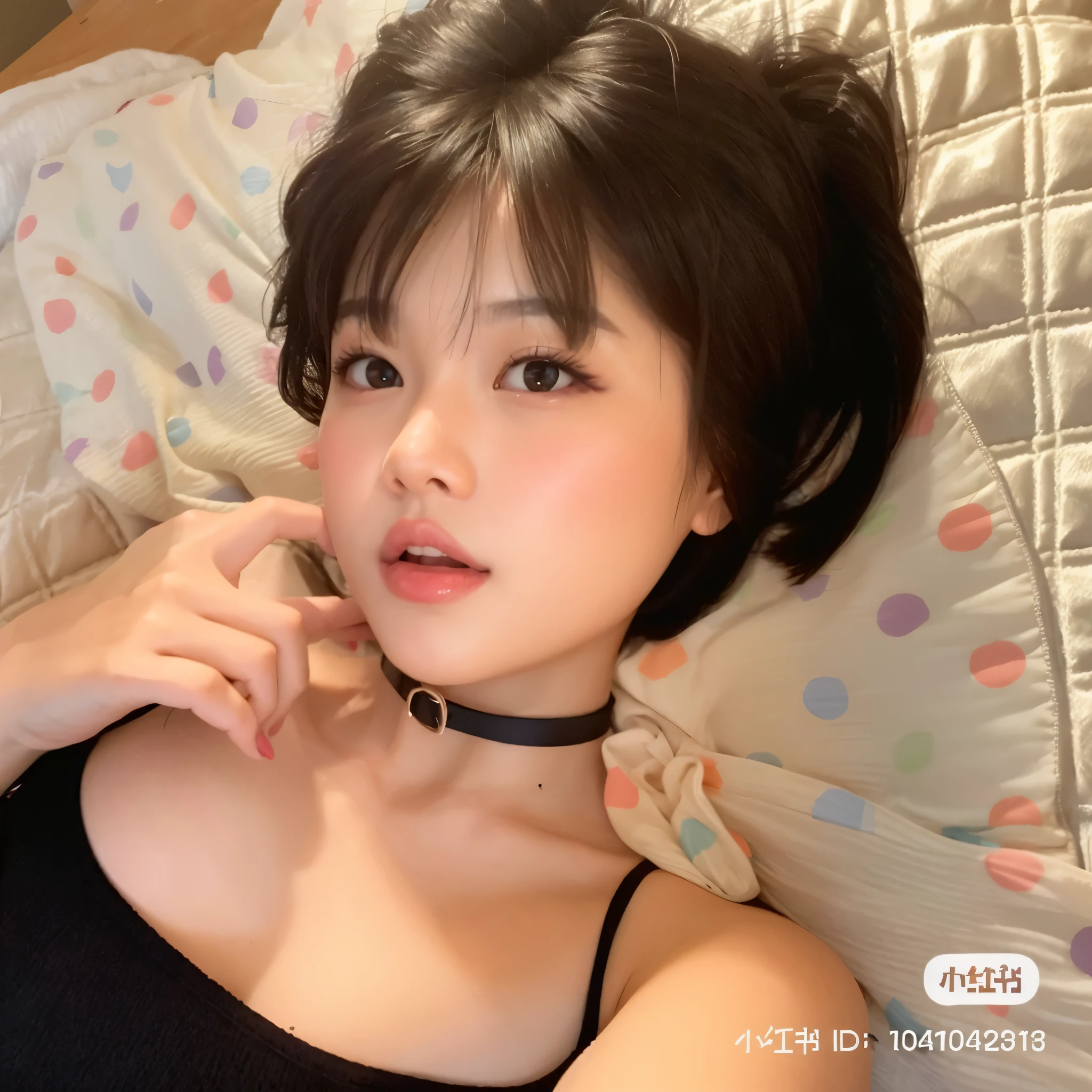 there is a woman laying in bed with a black top, with short hair, ulzzang, with short hair with bangs, young cute wan asian face, 🤤 girl portrait, 2263539546], korean girl, gorgeous young korean woman, white hime cut hairstyle, young and cute girl, girl cute-fine-face