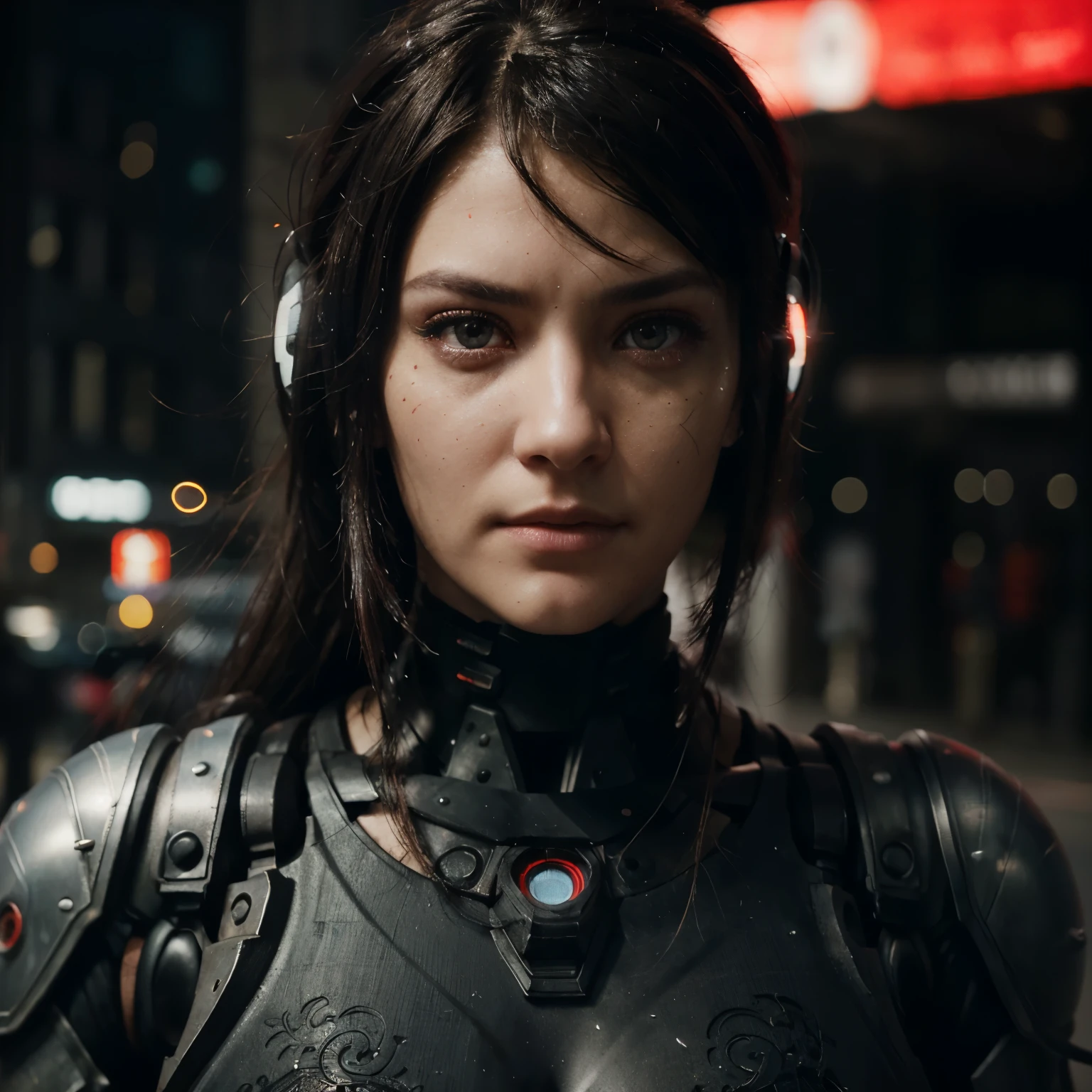 a cyberpunk, red and black eyes, (ultra realistic:1.5), (standing in city:1.2), (close-up photo:1.5), (cybernetic armor:1.2), (intricate:1.2), (looking at camera:1.2), (best quality:1.2),