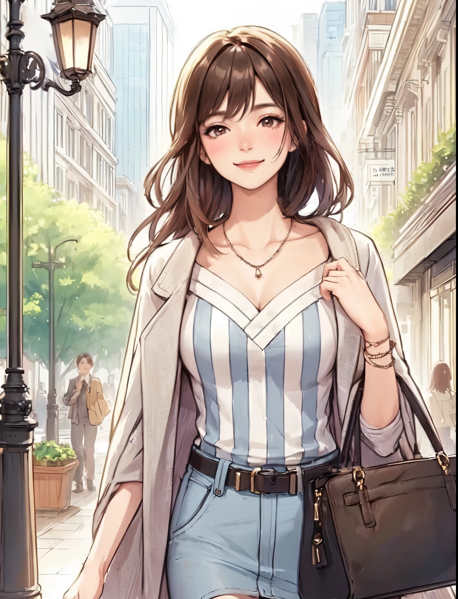 1lady (strolling through city), (stylish outfit), mature female, /(dark brown hair/) bangs, blush light smile, (masterpiece best quality:1.2) delicate illustration ultra-detailed, large breasts BREAK (carrying a designer bag in her hand) BREAK (luxurious downtown street) outdoors, noon, crowded, detailed background