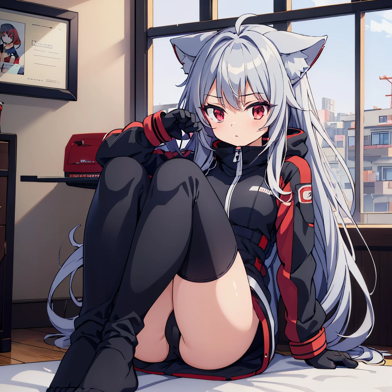 20 year old anime girl, cat ears, grey hair, red eyes, in a puffy ski suit, wearing gloves and socks feet shot indoors