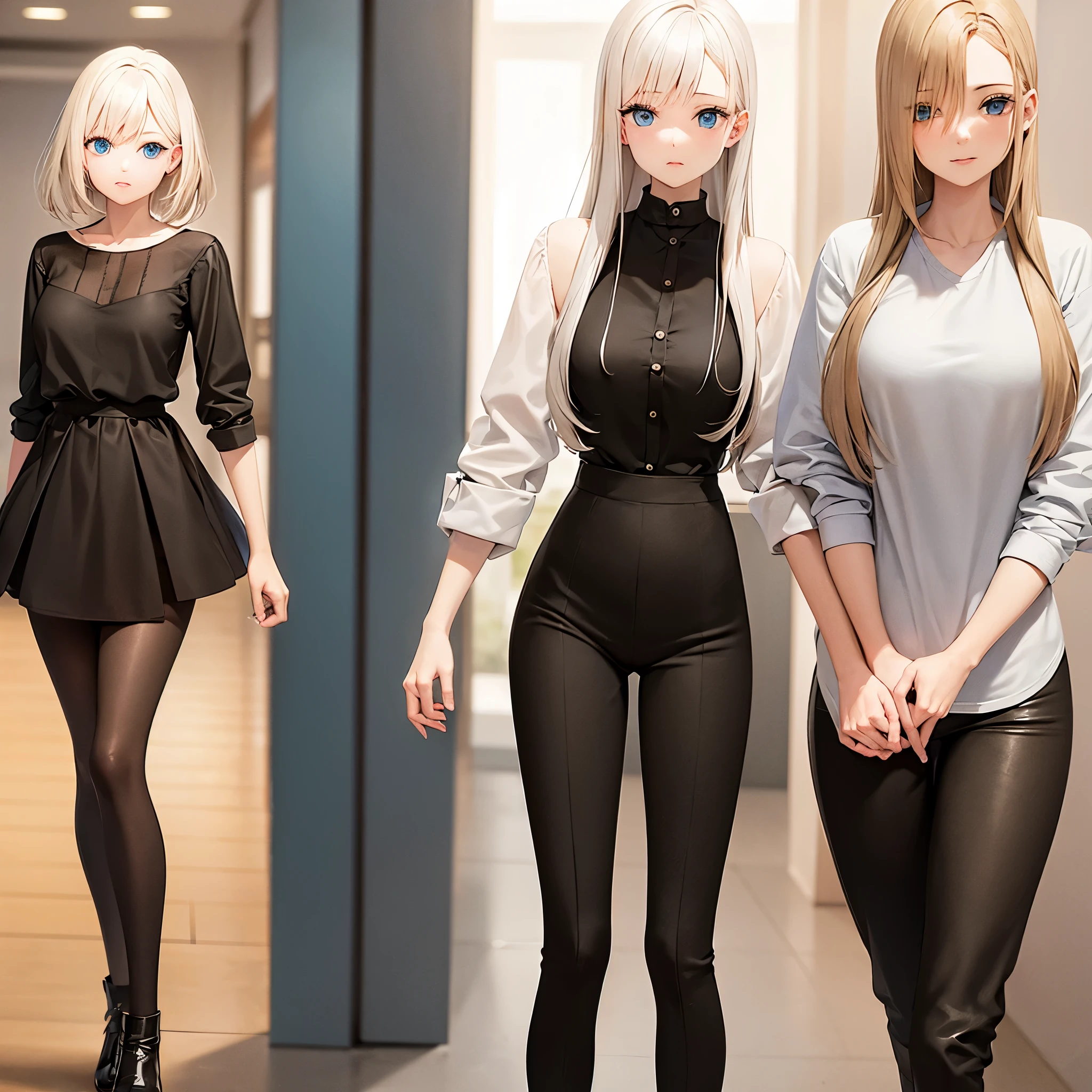 ar old girl black dress black pants golden hair blue eyes