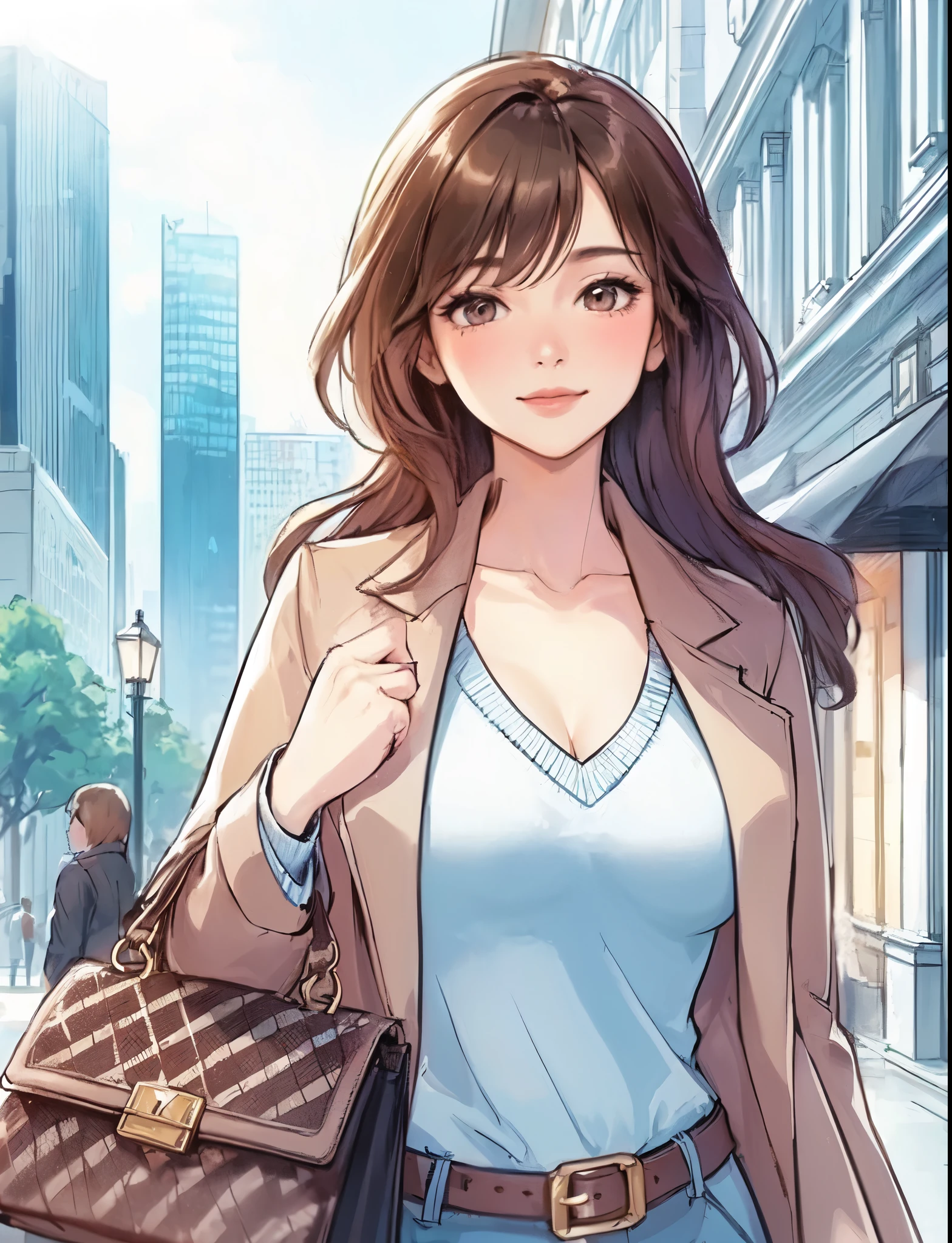 1lady (strolling through city), (stylish outfit), mature female, /(brown hair/) bangs, blush light smile, (masterpiece best quality:1.2) delicate illustration ultra-detailed, large breasts BREAK (carrying a designer bag in her hand) BREAK (luxurious downtown street) outdoors, noon, crowded, detailed background