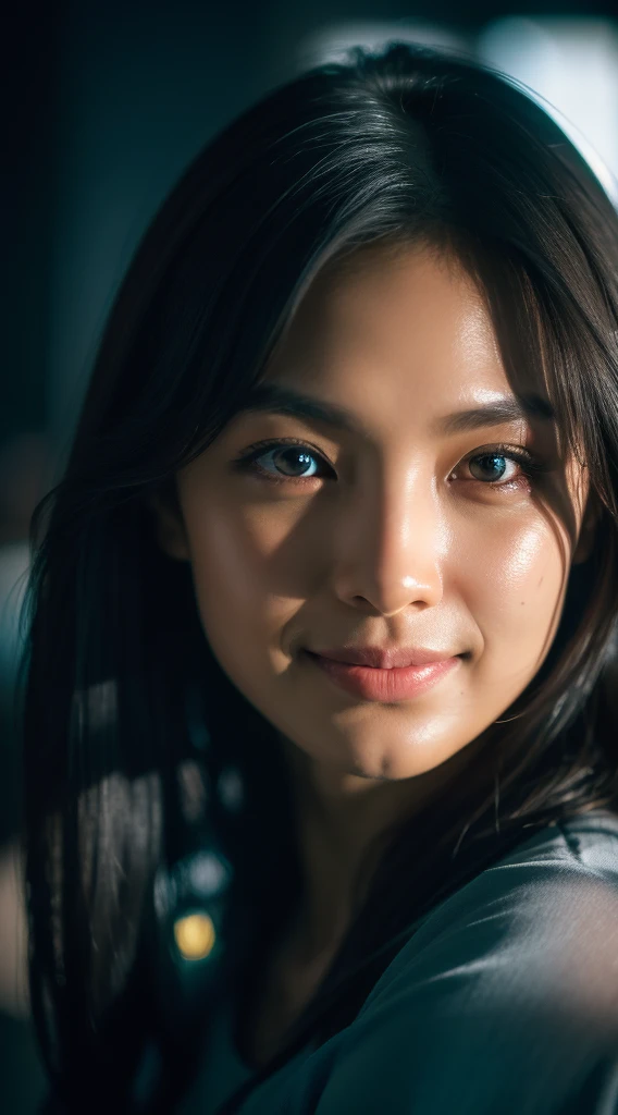 highest quality, epic realistic, ((in the pitch black darkness :1.4)), ((portrait:1.5)),(background: dark ) high contrast ,glorious picture, lowest lux, lighting face, she's comfortable, wearing nothing, , looks incredible, (8k, Raw photo, Highest quality),(epic realistic:1.5), a woman, face,(detailed eyes:0.8),(looking at the camera:1.4), (Highest quality), ( high contrast, deep shadows),Intricate details,cinematic,((skin:1.4)), (long dark hair:1.3), long hair, messy ,(Hdr:1.5),Detailed, colors, Superior quality, Masterpiece, Raw Photo (20-year-old, looking at viewer), beautiful, (wearing OVERSIZE SHIRT, OPEN ALL BUTTONS), perfect, natural, perfect composition, portrait, perfect face, smiling expression, Captivating eyes, Bright details, Tight lips, (High Skin Detail),, (blue tint: 0.6), (sale: 0.8), (bloody: 0.7), Key lighting , (backlight: 0.5), Medium depth of field, Canon 5d, 50mm lens, f/4 apertures, (Ultra-detailed, Complex detail), sharp focus, soft colors, 8k, Absurd, 80mm, bokeh background, photography, smiling, pinay, filipina, large boobs, neon lights background