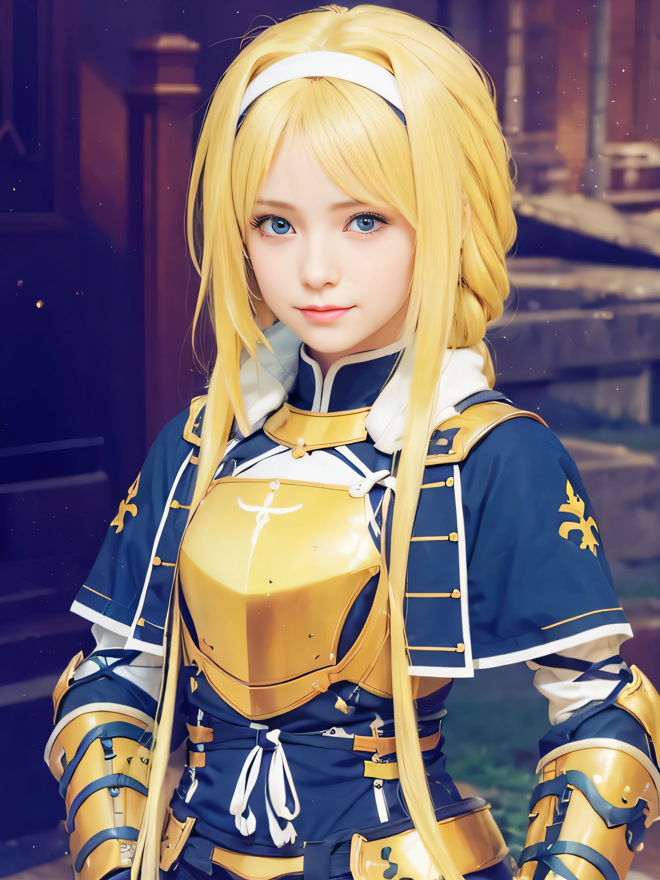 masterpiece, best quality, (realistic,photo-realistic:1.4), (RAW photo:1.2), extremely detailed CG unity 8k wallpaper, delicate and beautiful, amazing,finely detail, official art, absurdres, incredibly absurdres, huge filesize, ultra-detailed,extremely detailed eyes and face,light on face,little smile,(blonde hair:1.4),alice zuberg,bridge,(wearing armor:1.4),outdoor,milky-way background,white hairband,long hair