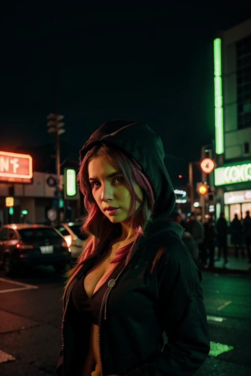 green neon light city background, busty girl, long black hoodie green trim, red light streaks
