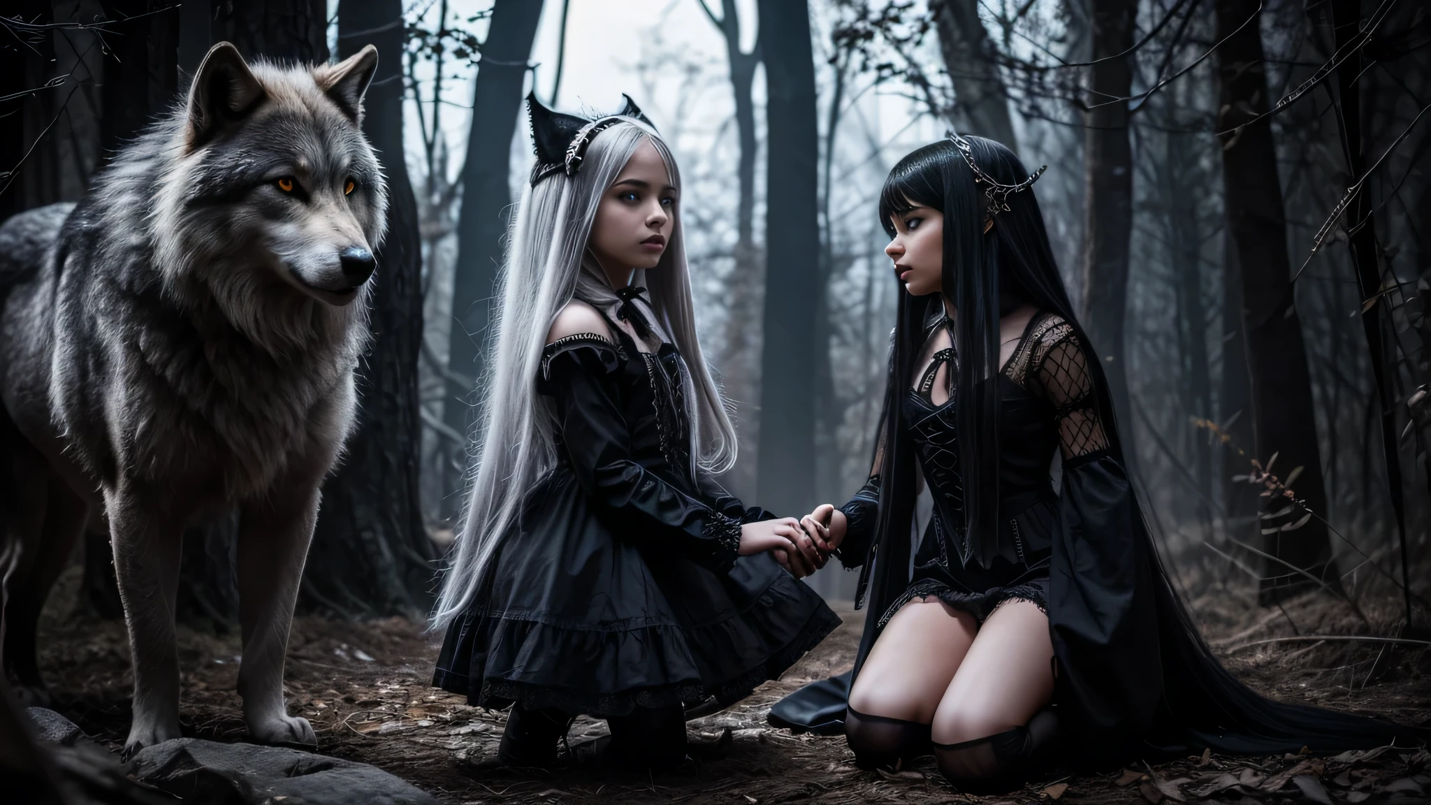 KIDS garota vampira com longos cabelos prateados e um LOBO. com ela, in symbolic gothic net clothing,