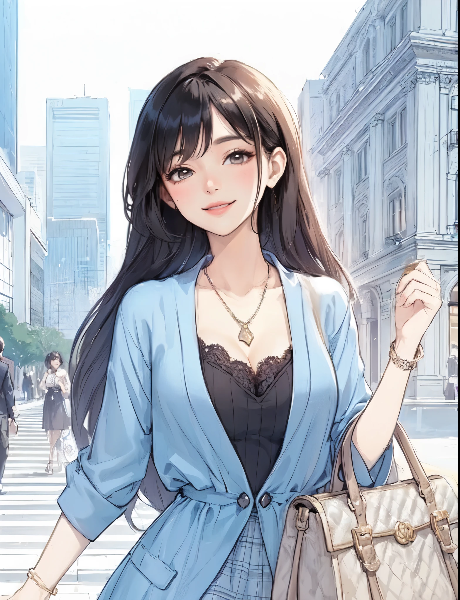 1lady (strolling through city), (stylish outfit), mature female, /(black hair/) bangs, blush light smile, (masterpiece best quality:1.2) delicate illustration ultra-detailed, large breasts BREAK (carrying a designer bag in her hand) BREAK (luxurious downtown street) outdoors, noon, crowded, detailed background