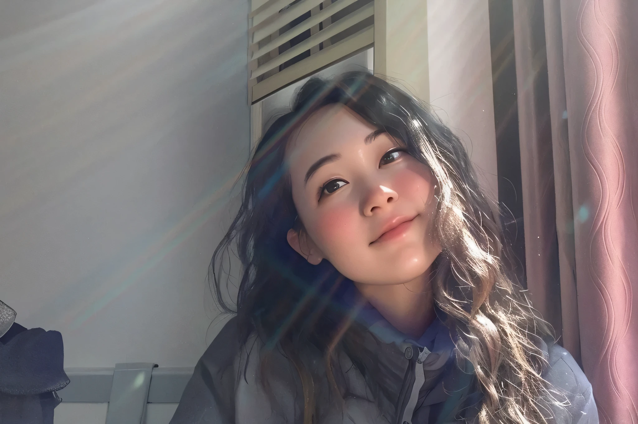 There is a young girl sitting in front of the window, with the sun shining on it, With backlight, xintong chen, wenfei ye, pengzhen zhang, Li Zixin, Jiama Chan, Around 1-9 , yuxiang chen, With natural light as background, The face is bright, beautiful afternoon light, qiu fang