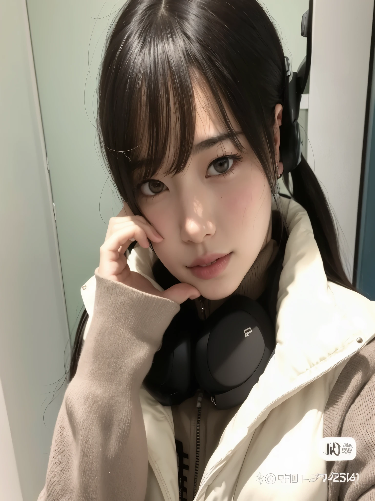 there is a woman that is talking on a cell phone, chiho, 奈良美智, ulzzang, shiori teshirogi, with headphones, with head phones, shinsui ito, narumi kakinouchi, 🚿🗝📝, shikamimi, 8k)), sakimichan
