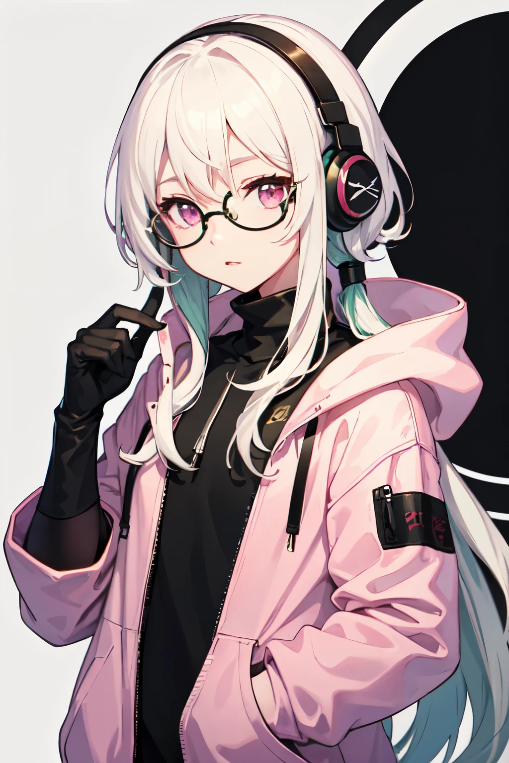 ((highest quality)), ((masterpiece)), (be familiar with), perfect face,white hair,medium long hair,green hair inner color、pink eyes,drooping eyes,round glasses,cool black hoodie,Pink headphones,black gloves,one person,turtleneck,icon