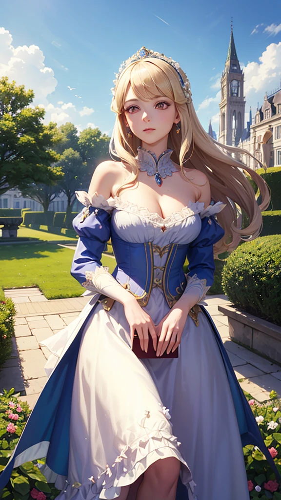Beautiful woman standing, (Princess),kind,medieval europe,Glamorous long dress,(beautiful and delicate ornaments),Madame de,frills,(Lustrous blonde hair),(purple eyes),Upper body, (masterpiece, high quality, 最high quality), (colorful),(delicate eyes and face),Dresses of the Rococo era, virago sleeve,french garden,Fluttering petals,rose garden,null, blue null, Sunny, fantasy, the wind is strong, city, outdoor, flowers, lake,bluebird,firebird