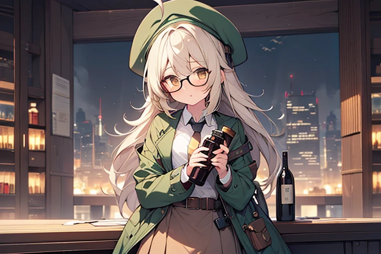 long ahoge,shirt,White hair,Brown eyes,Bottle-bottom glasses,Brown tie,brown skirt,dark green beret,Dark green jacket,girl with,steampunkai,sleepeace,retro city background,miji