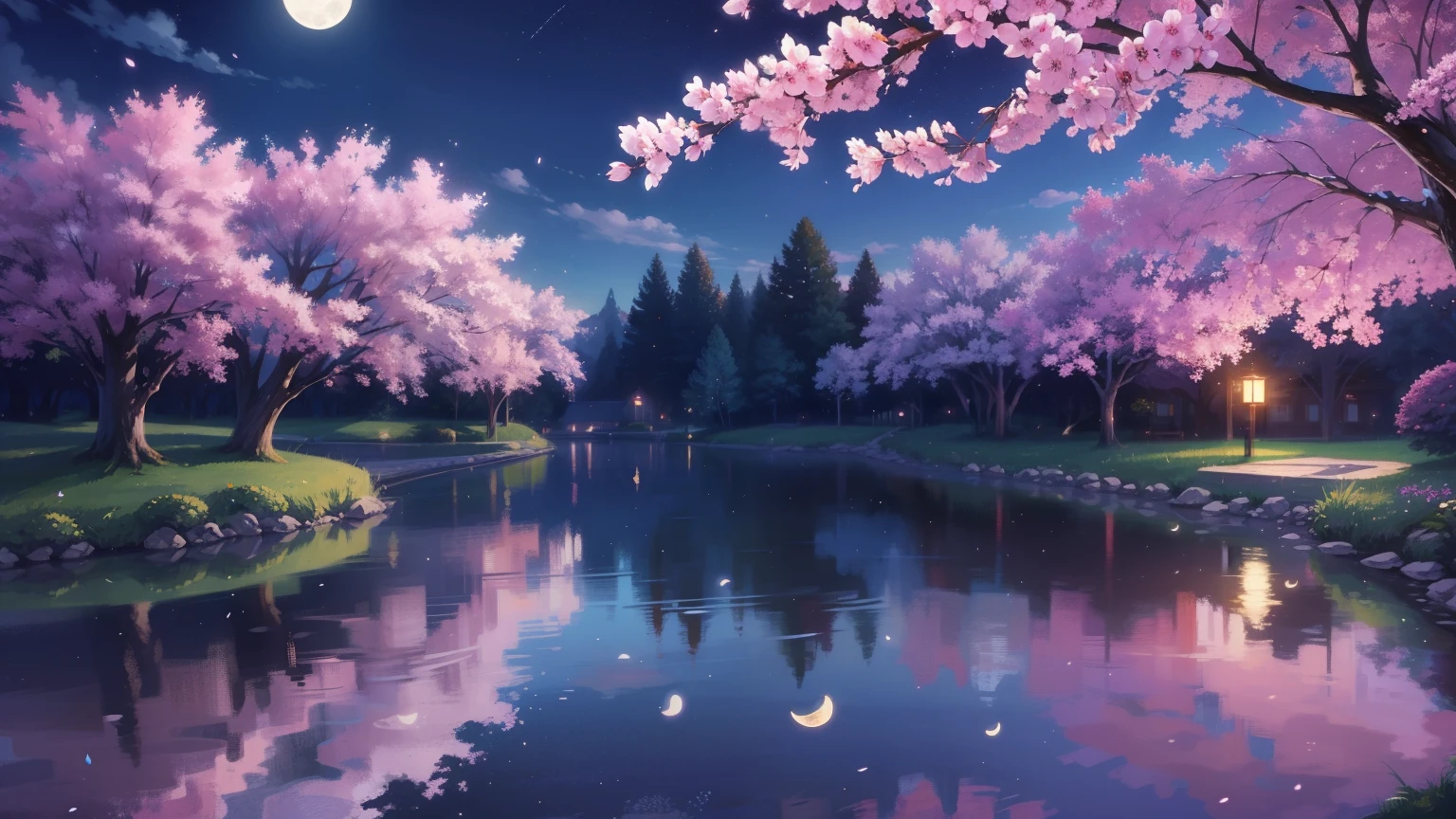 backround, CG, pnon, night, moon, wisteria, cheery blossom, one side is sky and the other is pond, panorama, ray tracing, reflection light, polar opposites, 8K, masterpiece, best quality, high quality, high details, super detail, highres, UHD