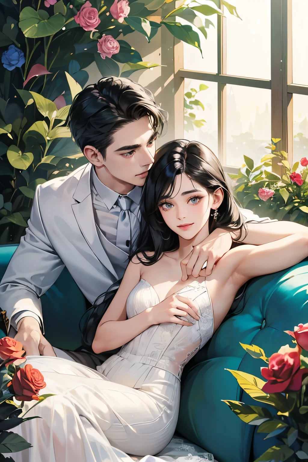 (table top, digital art, digital illustration, 4K, 8K, super detailed, beautiful images, clear image, realistic, RAW photo, perfect face, perfect lines, perfect eyes, soft lighting) ,1 female, (long black hair,straight hair,Bullish gaze,beautiful woman,grace,solid makeup,23 year old female,small breasts:1.3),Two handsome men in suits, (human,muscular,Firm shoulder width, mens,boyish hairstyle,british gentleman's style,A man in his 30s with a cool expression,28-year-old man with bright smile:1.2),白い歯を見せてsmile(embarrassing,shy smile:1.1),A garden full of light、squirt、Resort Sofa、colorful flowers、innocent smile,smile、couple kissing、kiss、the kiss、romance、Mermaid line wedding dress rose bouquet、