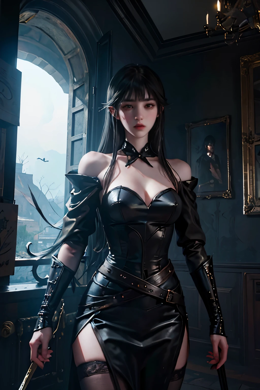 ((estilo de arte ilustrado niji por Greg Rutkowski, Ilya Kuvshinov,Stanley Artgerm Lau, ruan jia e fenghua zhong)), ((([Female nosferatu vampire peeking around a corner])), afinar, frail, Horror, apavorante, (tons de cinza preto e branco, inside an old and decrepit moonlight, castle trend on ArtStation, sutil, arte de fantasia, Capturing the romantic essence with textured brushstrokes