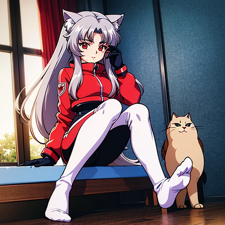 20 year old anime girl, cat ears, grey hair, red eyes, in a puffy ski suit,puffy pants wearing gloves and socks feet shot indoors