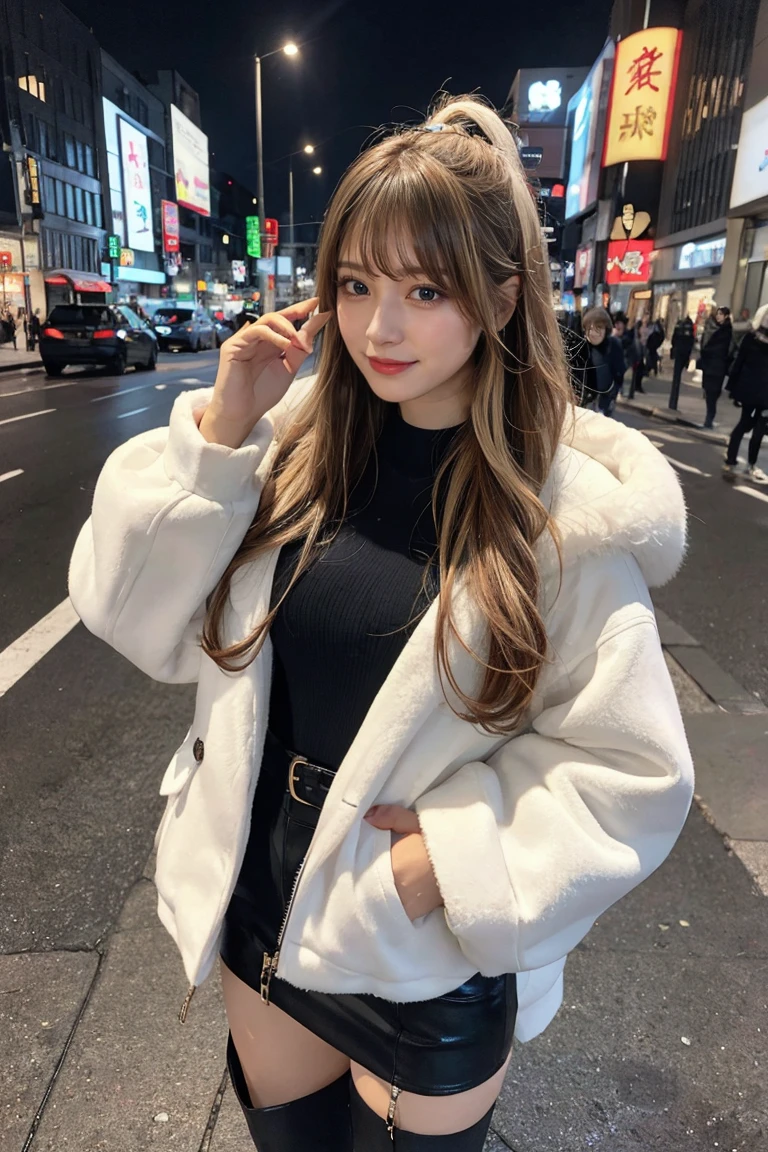 8K、highest quality、masterpiece、realistic、 ultra detail、Improvement of quality、beautiful woman with perfect figure:1.4、women only、fur jacket、knee high boots、blonde、straight hair、highly detailed face and skin、double eyelid、smile、The whole body is reflected、city、Winter clothes、nail、Yankee、gal、Japanese、Like in the movie、27 years old