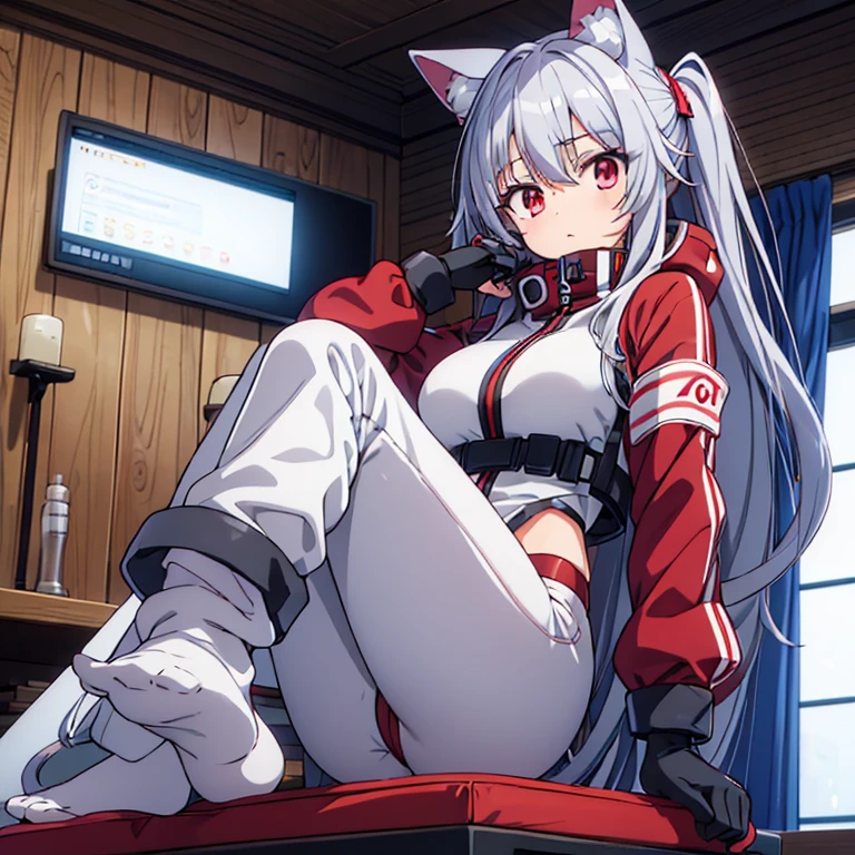 20 year old anime girl, cat ears, grey hair, red eyes, in a puffy ski suit,puffy pants wearing gloves and socks feet shot indoors