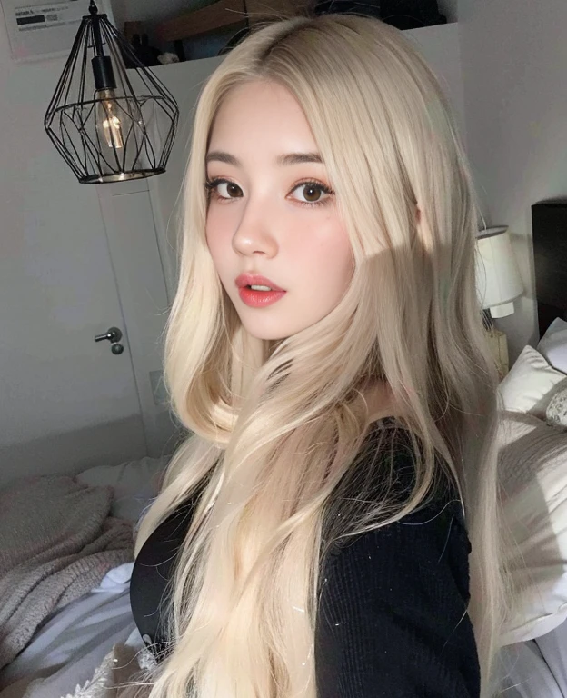 un primer plano de una mujer con cabello largo y rubio recostada en una cama, Ava Max, con el pelo largo y blanco, con cabello largo y rubio, con pelo largo blanco, Chica coreana, Jinyoung Shin, ulzzang, Heonhwa Choe, Hermosa mujer surcoreana, Parque Roseanne de Blackpink, Hermosa joven coreana, Cabello largo y rubio y ojos grandes