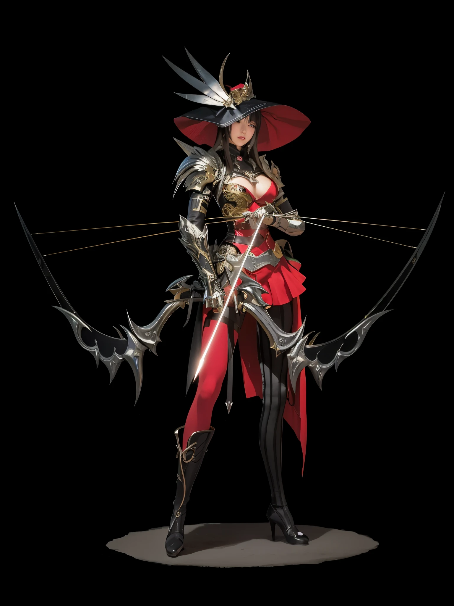 anime character with a sword and a red cape, female archer, ashe, katana zero video game character, anime girl with a bow and arrow, from lineage 2, full body xianxia, ornate korean polearm behind her, full portrait of magical knight, lady in red armor, black and red armor, by Yang J, mechanized valkyrie girl