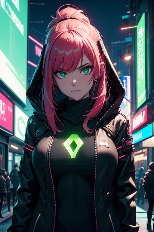 8k, realista, Cyberpunk, Escuro, Noite, green neon light city background, busty girl, long black hoodie green trim, red light streaks