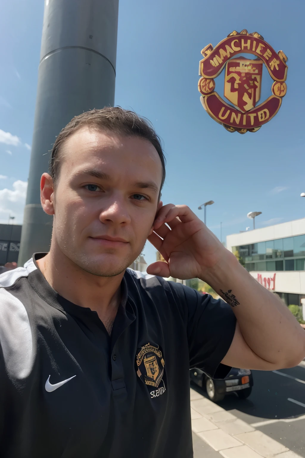 A pair of palms in the shape of a liver,  Manchester United logo in hand  In the logo, the actor Wayne Rooney,  Must have a form.  Behind him is the Manchester United logo.
re