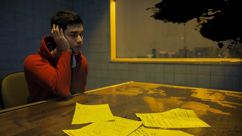 A boy sitting in a chair inside interogation room wearing red hoodie