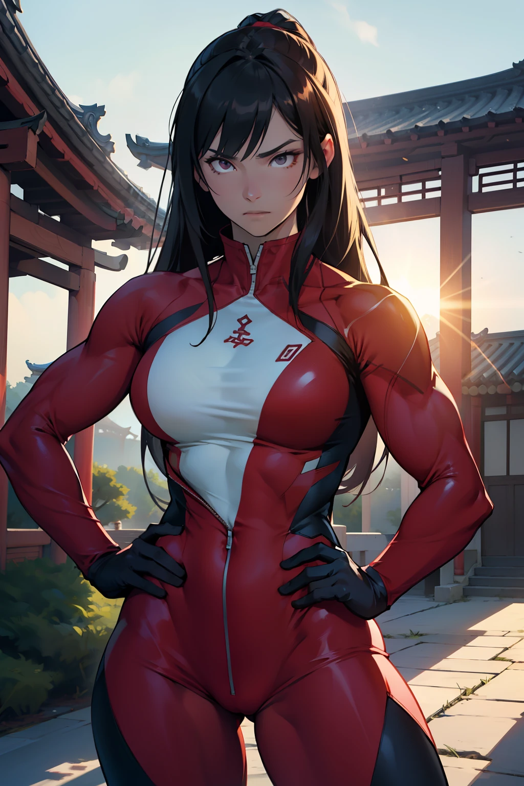 In the heart of a serene Chinese temple, a muscular woman with pale skin and long, dark, straight hair is seen in an anime-style training session. The sun sets behind her, casting long, dramatic shadows. She dons a form-fitting, red training suit, accentuating her toned muscles and prowess. Her expression is focused and determined, showcasing her intense concentration. With one hand on her hip and the other pointing to the sky, she exudes a sexually dynamic pose. The 16:9 frame captures her every curve and line, inviting the viewer to follow her journey in this high-definition, masterpiece image.