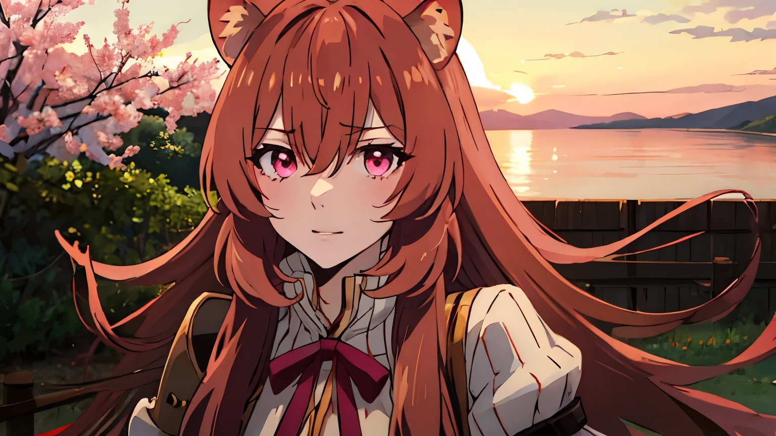 High quality, hyperrealism, Raphtalia, pink eyes,long hair, Raccoon ears, hair between eyes, Brown hair , bare chest , sunset, sakura, Pink cheeks, evil look, 1 girl