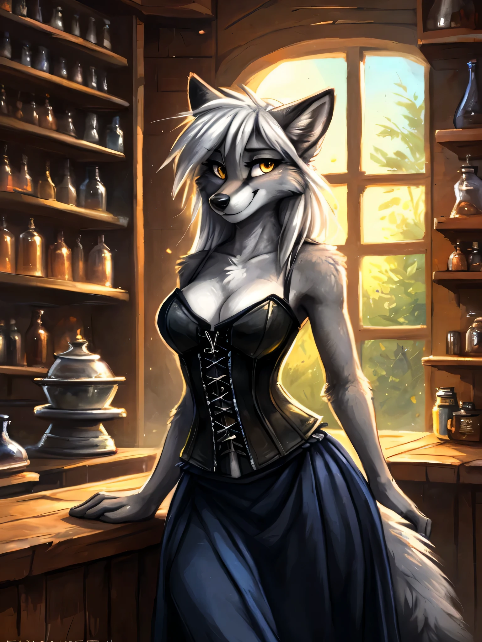 uploaded on e621, beautiful and detailed portrait of a female anthro silver fox, by Zackary911, by Kenket, by Kilinah, by fluff-kevlar, soft lighting, fox, full chest, full body, beautiful, straight fine hair, silver hair, black tipped ears, 1girl, solo, behind a counter in an alchemist's shop, minimal background, beautiful yellow eyes, anime eyes, cocked hip, tight bodice, corset, long skirt, bushy tail, confident, flirty, seductive, long legs, thick thighs, shapely legs, (bright colours, coordinated colours), fantasy theming