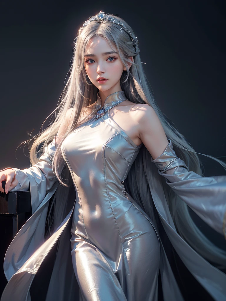 masterpiece, best quality, extremely detailed,cinematic lighting, finely detailed beautiful face and eyes, stoic, arrogant , long smooth shiny silver hair, Realistic lighting, pretty face , Body perfect anatomy,Top Quality, Top resolution, realistic , Cinematic, Aesthetic, beautiful girl , full body , princess in modest silk dress, 