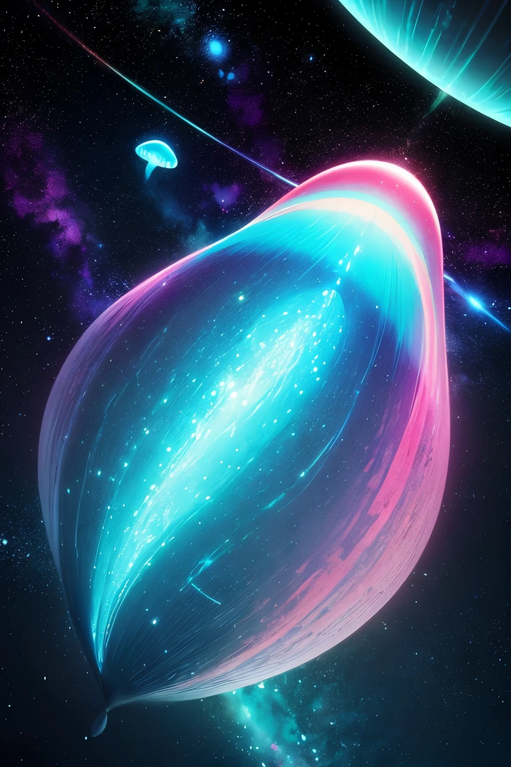 "(highest quality,High resolution,masterpiece:1.2),Bright colors,super detailed,Jellyfish and whales flying in space,view of the universe,Colorful nebulae,twinkling stars,Fragile beauty,creatures from another world,fantastic atmosphere,fascinating anti-gravity scene,alien sea creatures,Swim gracefully in zero gravity,great composition,surreal celestial ballet,translucent body,bioluminescent trace,illuminate the abyss of darkness,an awe-inspiring sight,Turquoise tones,indigo and violet,Interstellar exploration,Pulsating energy,coexist peacefully,Cosmic harmony" pink theme, Pink gradient