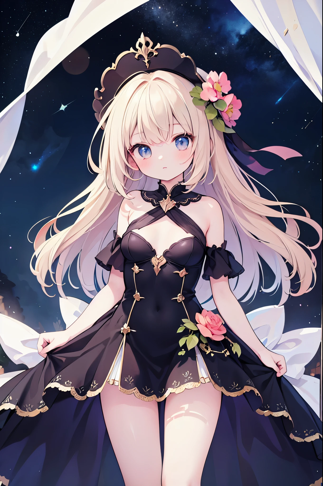(masterpiece)、(highest quality)、(Super detailed)、(best anatomy)、official art、pretty girl、Lori with light-colored hair、Petite girl、shoulders are exposed、beautiful breasts、Thigh exposure、Fantastic starry sky