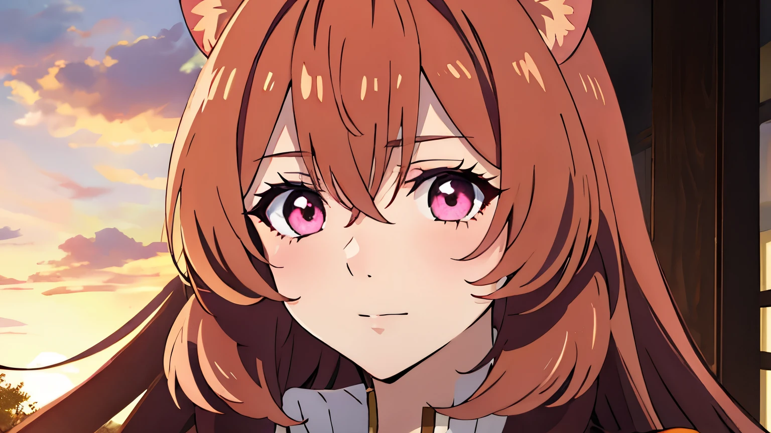 High quality, hyperrealism, Raphtalia, pink eyes,long hair, Raccoon ears, hair between eyes, Brown hair , bare chest , sunset, sakura, Pink cheeks, evil look, 1 girl