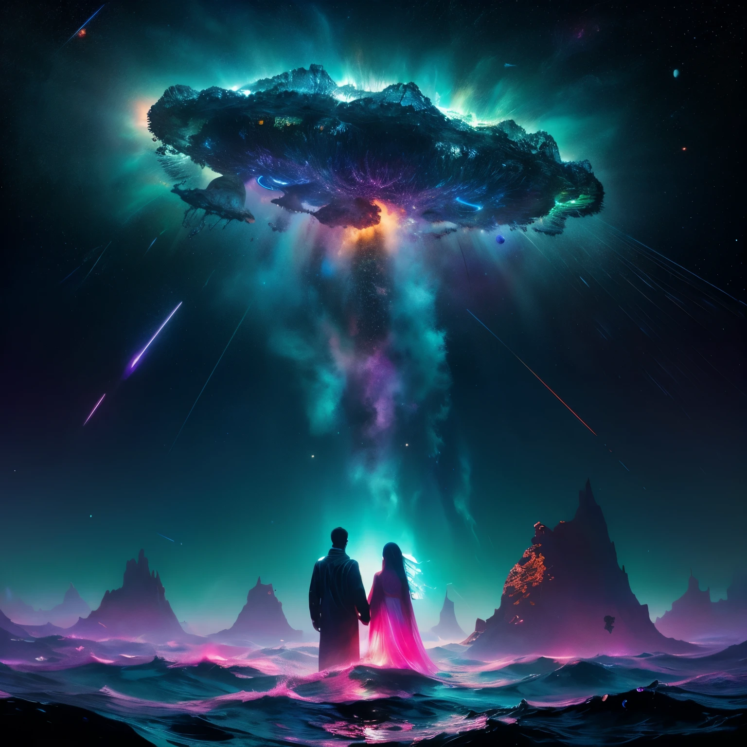 "(highest quality,High resolution,masterpiece:1.2),Bright colors,super detailed,Jellyfish and whales flying in space,view of the universe,Colorful nebulae,twinkling stars,Fragile beauty,creatures from another world,fantastic atmosphere,fascinating anti-gravity scene,alien sea creatures,Swim gracefully in zero gravity,great composition,surreal celestial ballet,translucent body,bioluminescent trace,illuminate the abyss of darkness,an awe-inspiring sight,Turquoise tones,indigo and violet,Interstellar exploration,Pulsating energy,coexist peacefully,Cosmic harmony" pink theme, Pink gradient