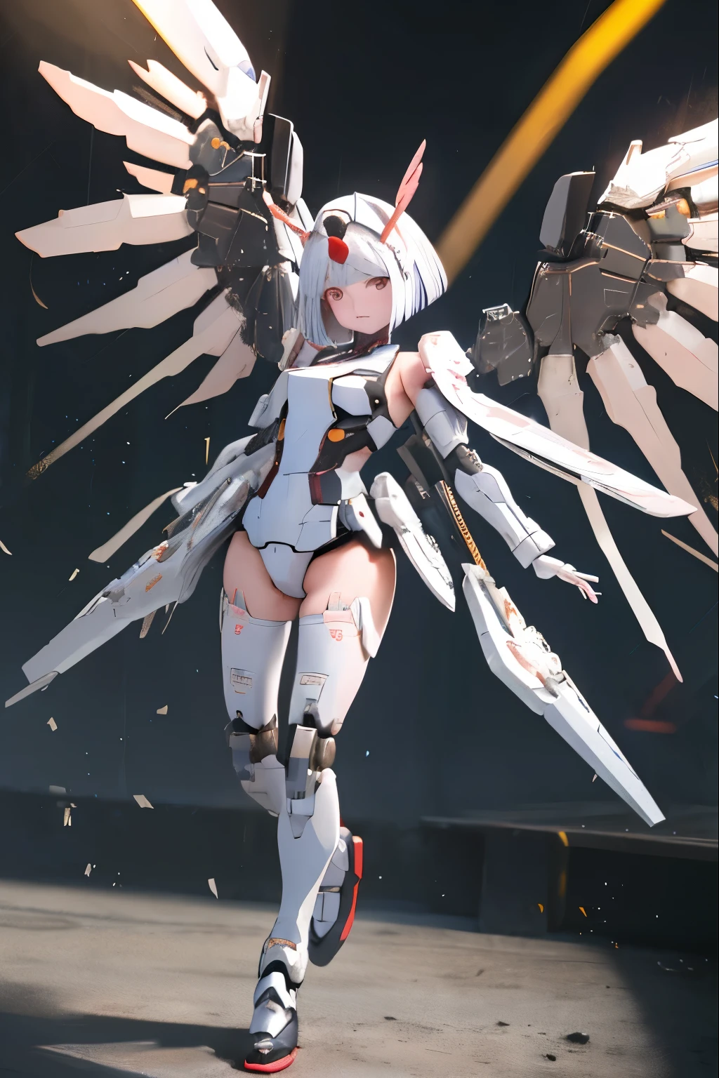 (highest quality)), ((masterpiece)), (very detailed: 1.3), 3D, {(1 young girl)}, white theme, ((wear a racing suit)), wears a futuristic Gundam mecha,(Gundam), with headgear, with v-fin , armored shoulders,armored under arms, armored under legs, multilayer textureperfect proportions, octane rendering, duotone lighting, Low ISO, wide aperture, White balance, Rule of thirds, ultra HD16k, HDR (High Dynamic Range), Ray Tracing, NVIDIA RTX, Super Resolution, Subsurface Scattering, PBR Texturing, Post Processing, Anisotropic Filtering, Depth of Field, Maximum Clarity and Clarity, High efficiency subpixel, subpixel convolution, particles of light, light scattered, Tyndall effect, full body:1.5, battle pose, cute, (cute:1.2), (bob cut:1.3),三つ編み, 黒髪, 太い眉毛, 薄い色の虹彩, 大きくて輝いている黒い瞳, 長いまつげ, 小さく薄い色の自然な唇, (Average face of Japanese idols), (日本人特有の童顔:1.3), (baby face), 広いおでこ:1.2, ふっくらした頬, 小さな顎,  (huge mechanical wings:1.5), mechanical wings,broken streets, Broken City,looking at viewer,Focus on the eyes