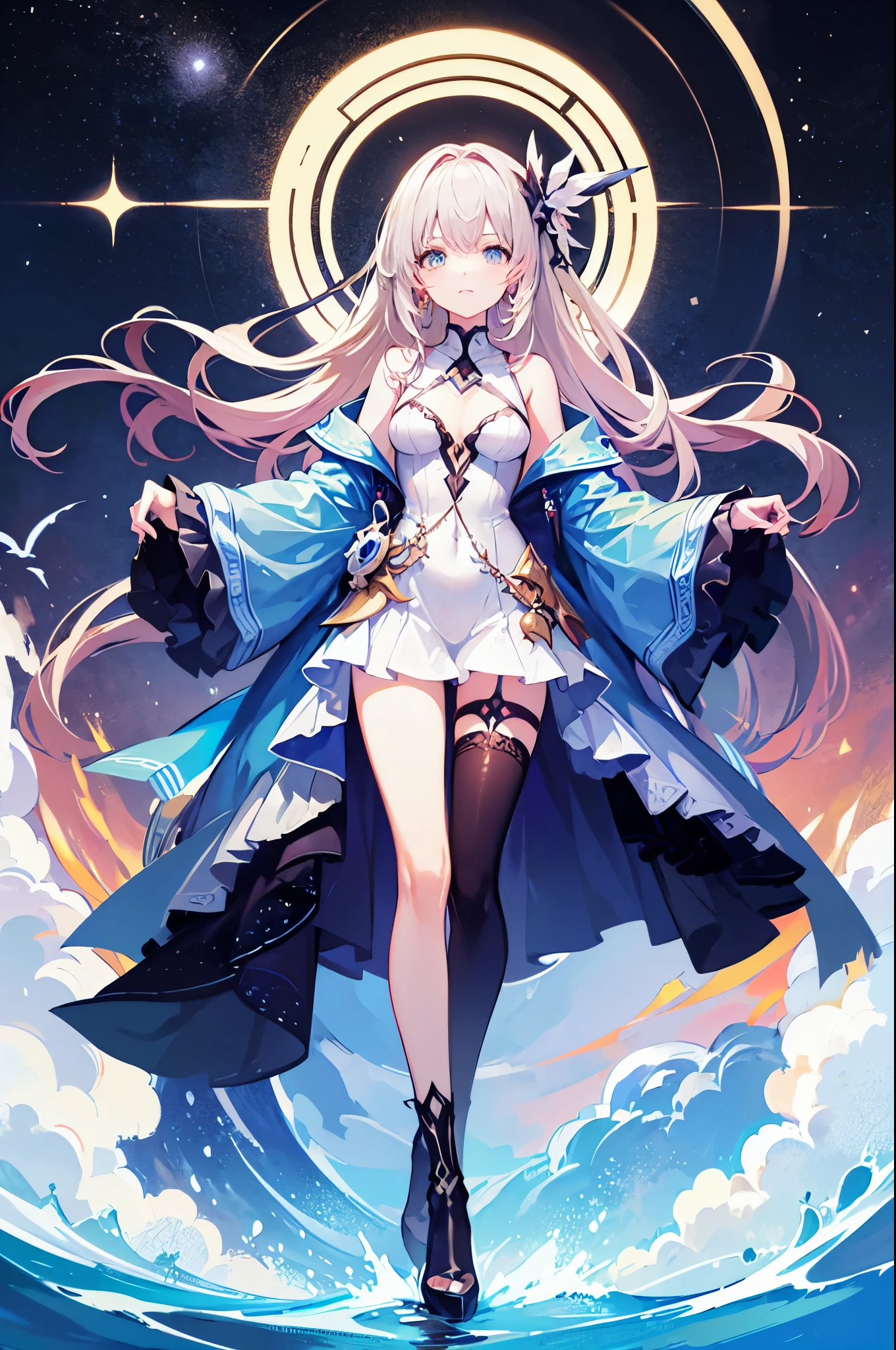 (masterpiece)、(highest quality)、(Super detailed)、(best anatomy)、official art、pretty girl、Lori with light-colored hair、Petite girl、shoulders are exposed、beautiful breasts、Thigh exposure、Fantastic starry sky