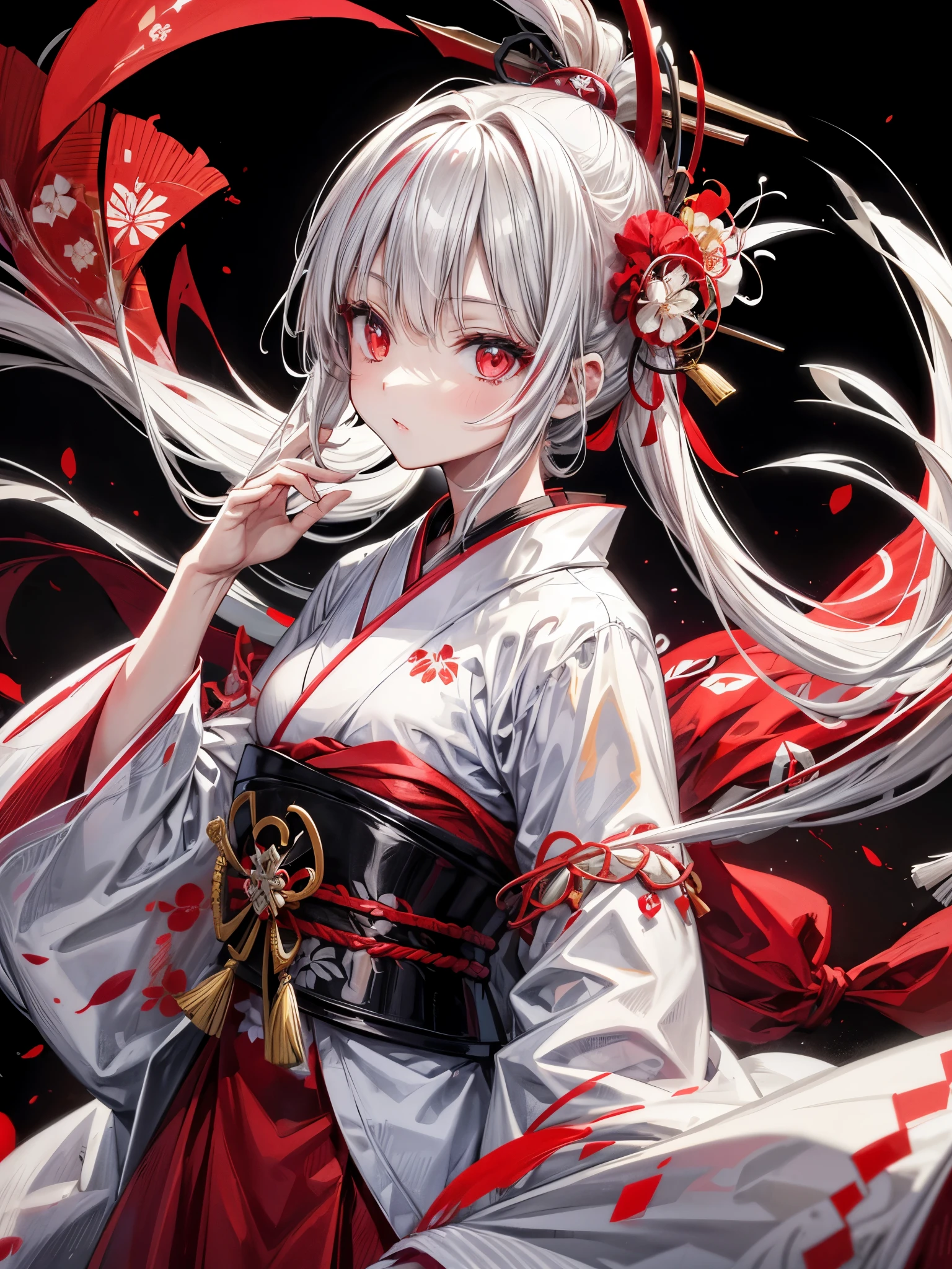 Girl in kimono standing with Japanese sword, white medium hair, red eyes, red lips, kimono with red cluster amaryllis pattern on black background, red splash pattern on black background, super high quality, super fine detail, super fine kimono pattern