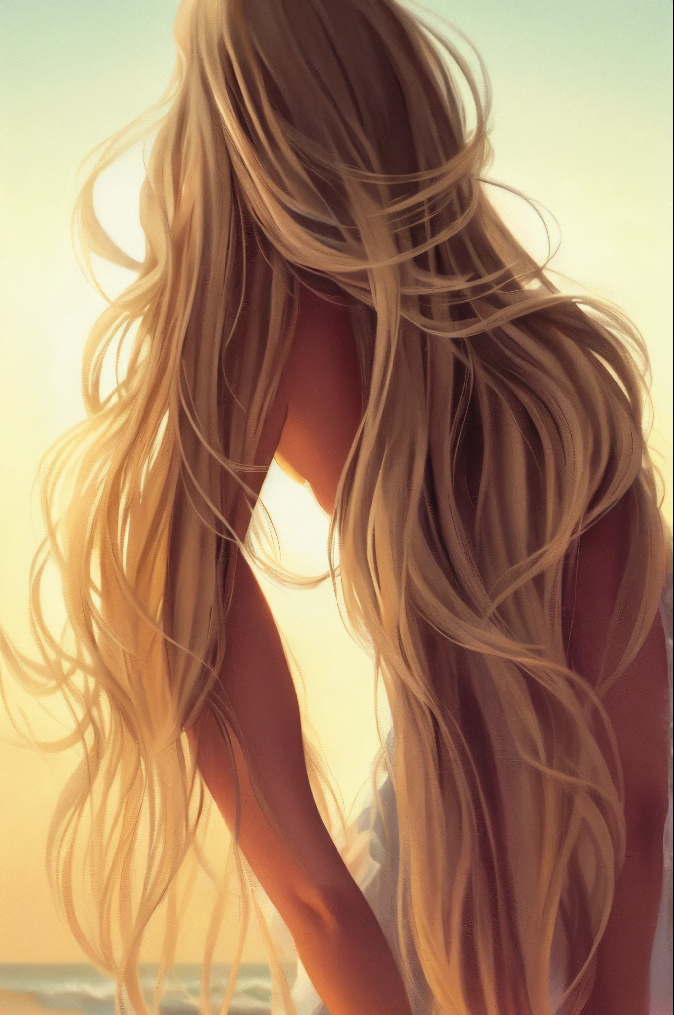 blonde woman with long hair blowing in wind on beach, flowing backlit hair, low detailed. digital painting, gorgeous digital painting, beautiful digital illustration, blonde flowing hair, windy hair, flowing blonde hair, stunning digital illustration, beautiful digital painting, glowing flowing hair, wind blowing hair, loish |, flowing glowing hair, beautiful digital artwork, soft digital painting