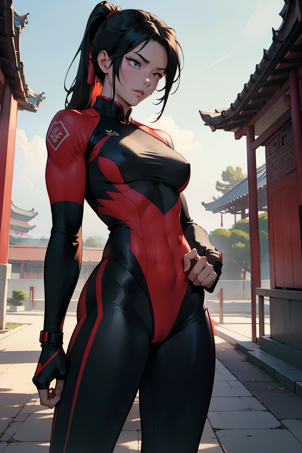 In the heart of a serene Chinese temple, a muscular woman with pale skin and long, dark, straight hair is seen in an anime-style training session. The sun sets behind her, casting long, dramatic shadows. She dons a form-fitting, red training suit, accentuating her toned muscles and prowess. Her expression is focused and determined, showcasing her intense concentration. With one hand on her hip and the other pointing to the sky, she exudes a sexually dynamic pose. The 16:9 frame captures her every curve and line, inviting the viewer to follow her journey in this high-definition, masterpiece image.