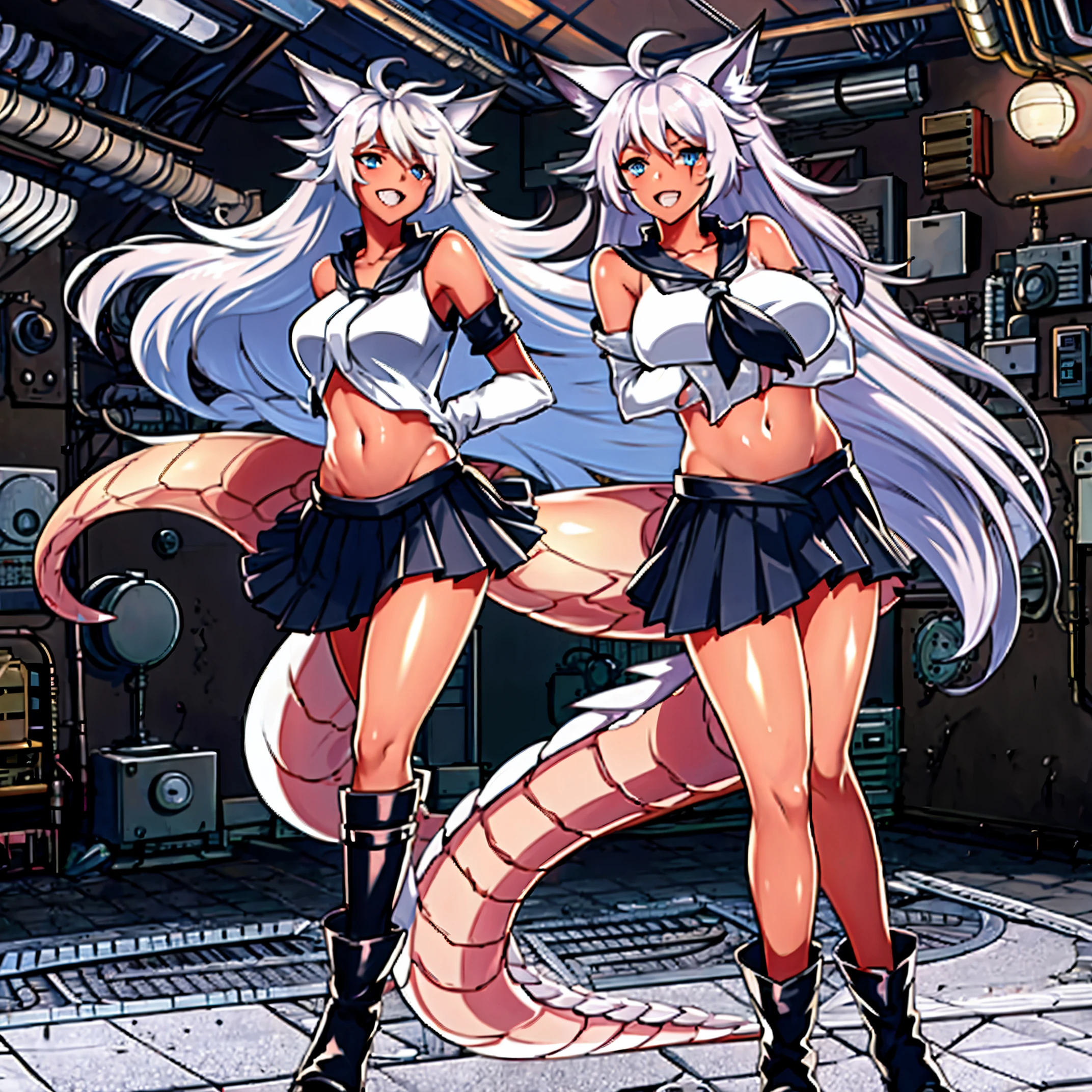 8k, resolution, high quality, high resolution, best quality, extremally detailed, best resolution, absurd resolution, ray tracing, high detailed, masterpiece, extremely detailed,shoulder length white hair, female,2 white wolf ears, teenage girl, slim body, white scale dragon tail,black boots,black leggings, navel blue school skirt, sailor shirt, white jacket, medium size chest, detailed blue eyes, detailed beautiful face,solo female,1 dragon tail, detailed eyes, tomboyish, dragon tail, white scales