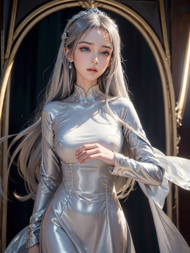 masterpiece, best quality, extremely detailed,cinematic lighting, finely detailed beautiful face and eyes, stoic, arrogant , long smooth shiny silver hair, Realistic lighting, pretty face , Body perfect anatomy,Top Quality, Top resolution, realistic , Cinematic, Aesthetic, beautiful girl , full body , princess in modest silk dress,