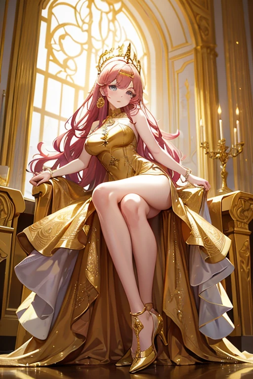 Woman in gold dress, wearing a dress of gossamer gold, miss aniela, Medieval dress yellow ocher, golden dress, Royal Gown, gold clothes, lady using yellow dress, dress in the style of rococo, Royal Gown, gilded outfit,The most beautiful woman in the world、best style、big breasts、beautiful legs、whole body、pink hair、Pink eyes