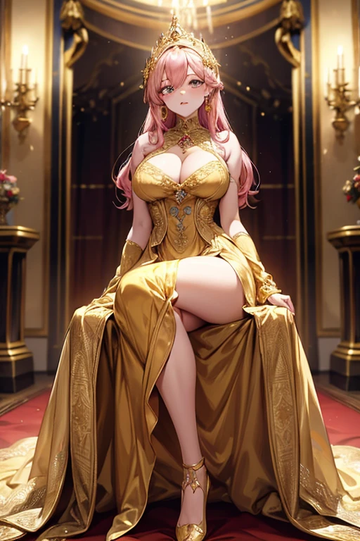 Woman in gold dress, wearing a dress of gossamer gold, miss aniela, Medieval dress yellow ocher, golden dress, Royal Gown, gold clothes, lady using yellow dress, dress in the style of rococo, Royal Gown, gilded outfit,The most beautiful woman in the world、best style、big breasts、beautiful legs、whole body、pink hair、Pink eyes