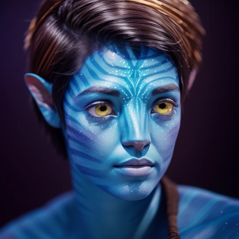 avtr:1.1, avatar style, portrait:1.6, 1girl, female, (blue skin tone:1.0), (short hair:1.0), pixie cut hairstyle, dark brown hair color, 18 years old:1, face wrinkles, wearing tribal clothing, wearing a top, detailed eyes, toned body, muscled body, vibrant colors, glowing, ethereal atmosphere, surrealistic dreamy lighting, textured skin, otherworldly beauty, mesmerizing photography, (best quality, highres), vivid colors, ultrarealistic, skin details, striped skin, sfw, face close-up:0.5, ultradetailed body