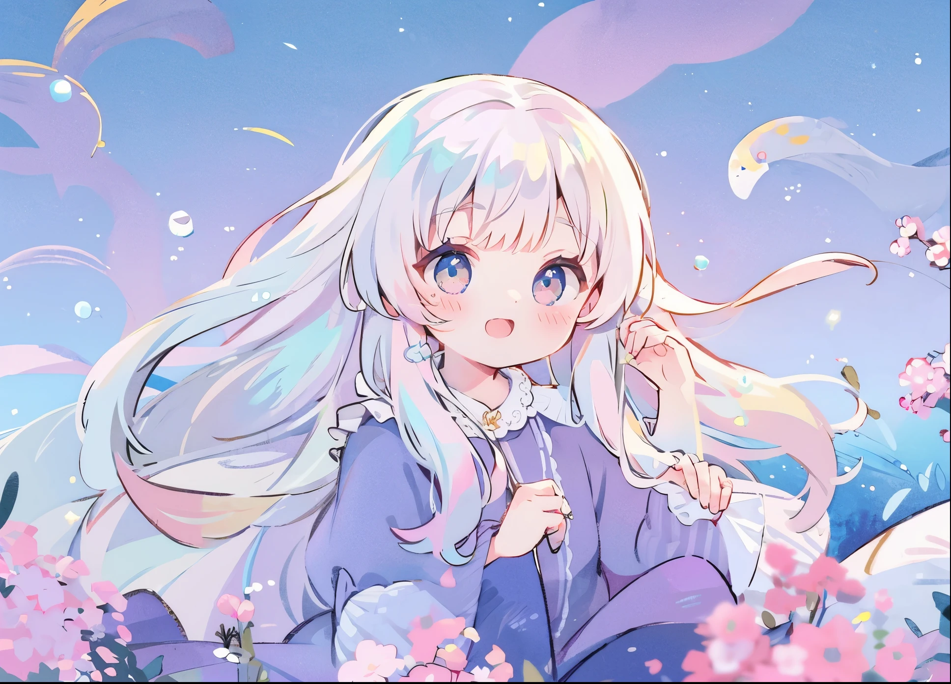 masterpiece, One girl, best quality, 8k resolution, sharp focus, intricate detail, beautiful girl, sparkling eyes, golden ratio face, otherworldly liquid, watercolor, pastel colors, bright colors, whimsical, colorful, sharp focus, high resolution, fine detail, ((layered tiered puffy long sleeves ballgown)), ((round eyes)), iridescent bubbles, fantasia background, 隠されている手