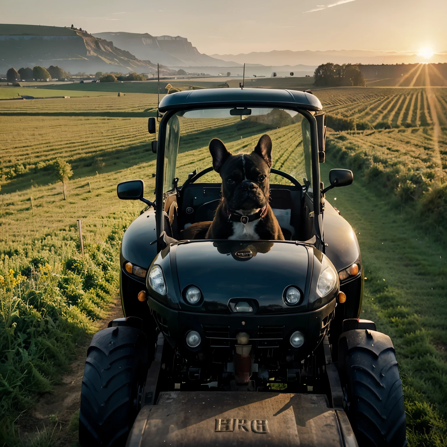Brown French Bulldog on tractor. Black French Bulldog with dungfork. Berge und Fluss im Hintergrund. Kornfeld im Sonnenuntergang.